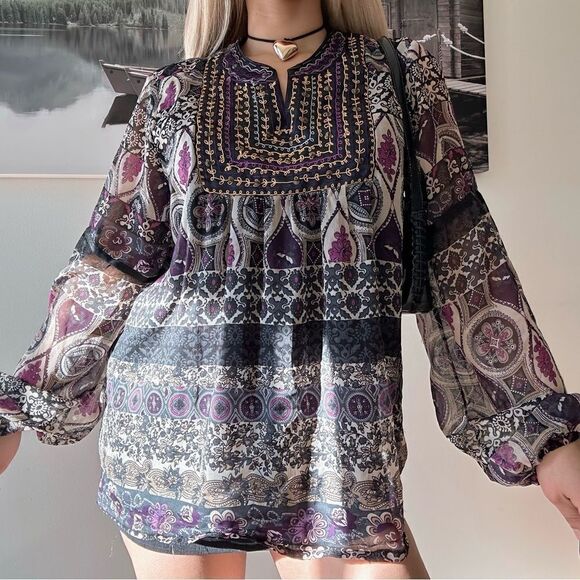 Vintage fairy grunge embroidered psychedellic double mesh blouse - Picture 1 of 5